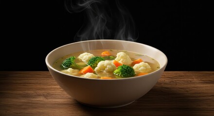 Steam rising from vegetables — carrot, broccoli, and cauliflower — in a bowl. Hot boiled healthy food served on a table with black background, concept of hot meal and healthy eating.