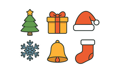 Fototapeta premium Festive christmas icons featuring tree, gift, santa hat, and more in flat style