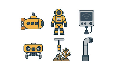 Obraz premium Exploration tools and submarine line icons for underwater adventure