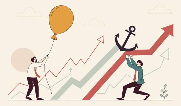 Business ranking up or down, situation for success and failure, growth or losing comparison, risk or challenge concept, businessman holding balloon rising up compare to other falling down with anchor.