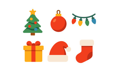 Fototapeta premium Colorful christmas icons with festive lights in modern flat design