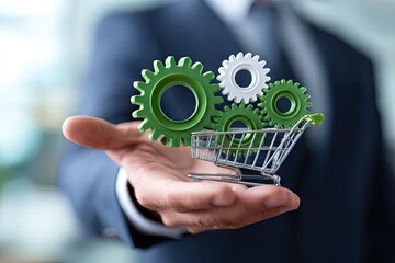 Green gears in shopping cart, held in hand, signifying efficient e-commerce