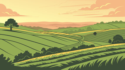 sunset casting a golden glow over vibrant green farmland  vector illustration.