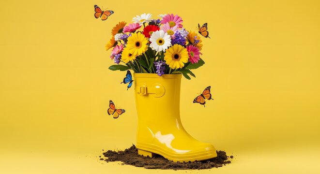 Flower Bouquet in Yellow Rain Boot with Butterflies on Yellow Background