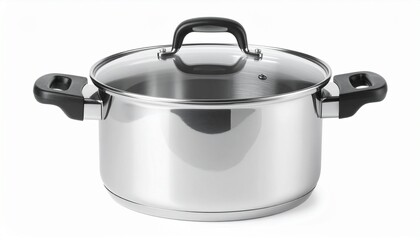 Stainless Steel Cooking Pot with a Glass Lid on a White Background


