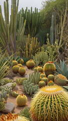 Fototapeta premium Dense Desert Scene with Barrel Cacti, Agave, and Succulents