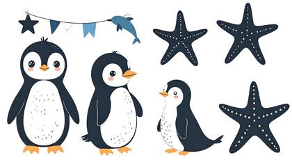 Cute Penguins And Starfish 