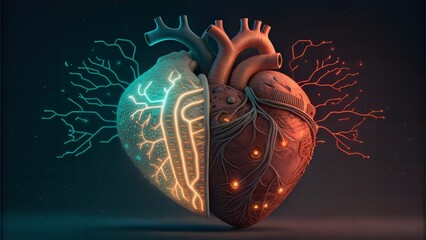 An anatomically accurate heart is divided one half features warm, vibrant tones, while the other glows with futuristic, electric blue light against a dark backdrop.