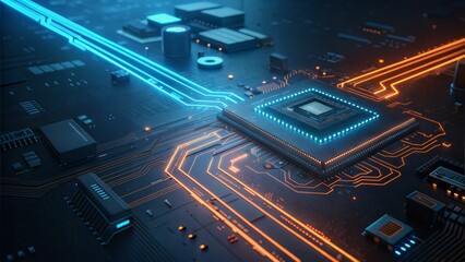 A closeup of a glowing circuit board with vibrant blue and orange pathways. Highlighting the intricate network of data flow and advanced technology.