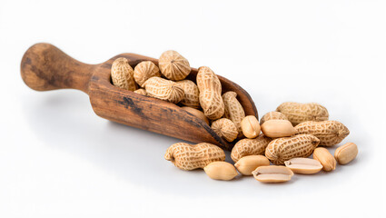 Peanuts in shell and shelled peanuts spilling from a rustic wooden scoop, isolated background