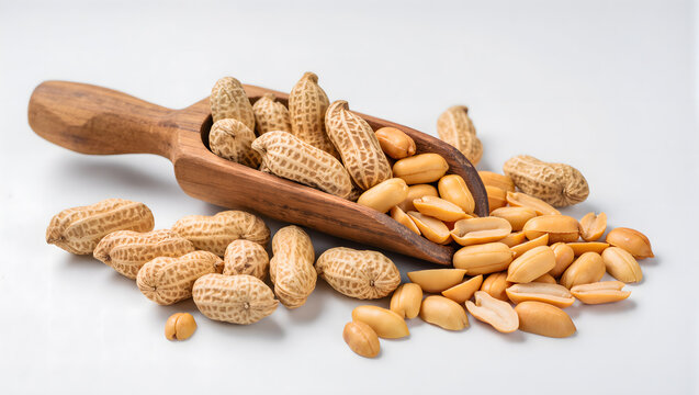 Peanuts in shell and shelled peanuts spilling from a rustic wooden scoop, isolated background
