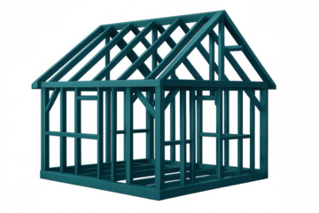 Teal frame of a house under construction, isolated on transparent background, ideal for architectural and real estate projects