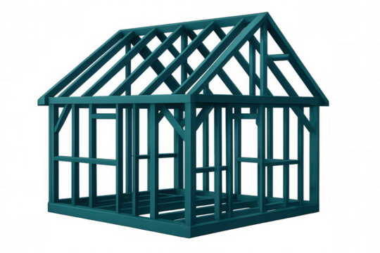 Teal frame of a house under construction, isolated on transparent background, ideal for architectural and real estate projects