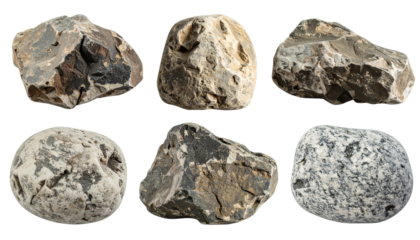 Collection of six textured rocks Isolated on solid white Background Png