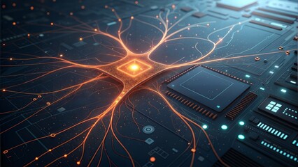 A digital brain with glowing neuron pathways, showcasing the intersection of technology and the human mind on a futuristic motherboard circuit board.