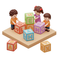 Three children are playing with colorful alphabet blocks on a platform, spelling out words. Isolated on a Transparent Background, PNG, Cutout