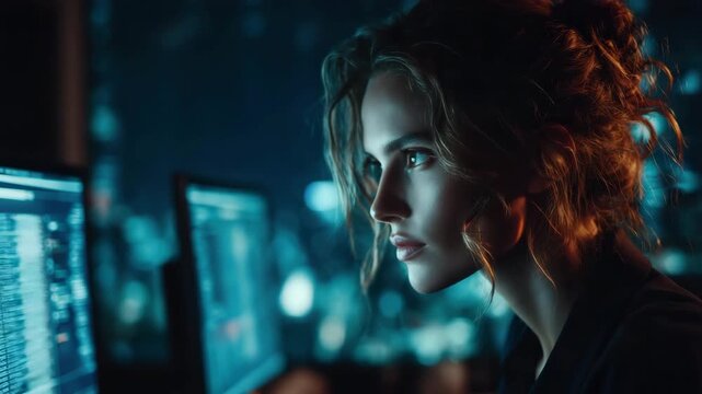 Focused Cybersecurity Woman Working Late Night Under Neon Glow