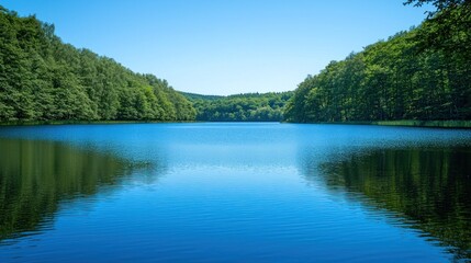 Serene lake surrounded by lush green forests under a clear blue sky