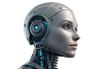 Profile view of a sophisticated female humanoid robot with a realistic human face, illustrating the concept of advanced artificial intelligence and cyborg technology