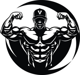 A powerful black and white vector illustration of a bodybuilder with a hat, showcasing muscular biceps in a confident pose, ideal for fitness, gym, and workout-related designs and branding.