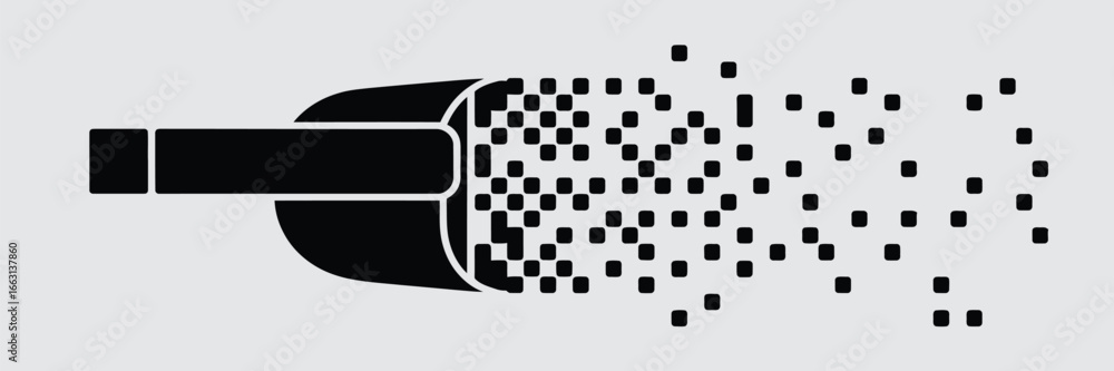 Poster a black object transforming into scattered squares on a light gray background in a digital art style