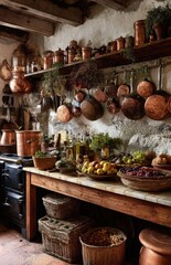 Fototapeta premium Rustic kitchen showing copper cookware, fresh produce, and dried herbs
