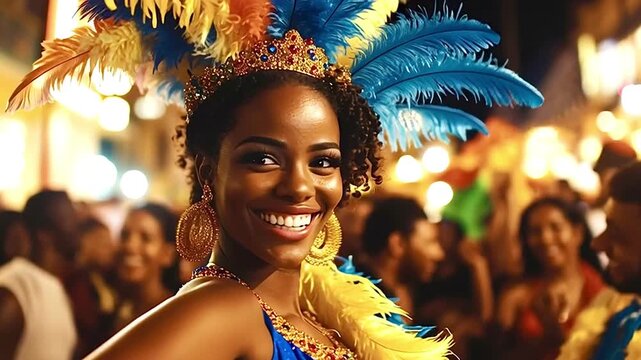 Brazilian samba dancer smiling at carnival parade