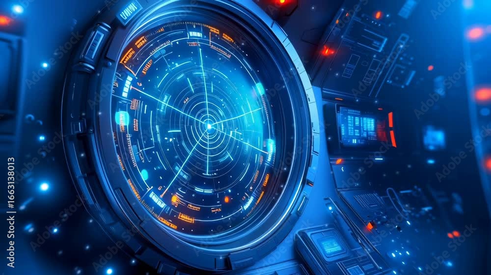 Poster high-tech circular holographic radar screen with concentric rings and digital data points. blue and 