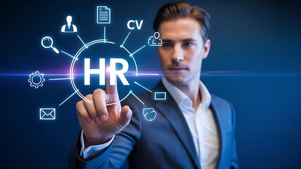 Obraz premium Professional-engaging-with-hr-technology-interface-business-setting-evening-hours 
