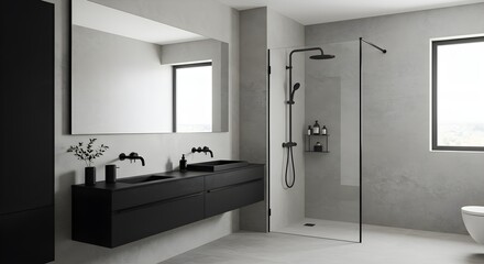 Modern luxury bathroom featuring sleek black fixtures and concrete walls