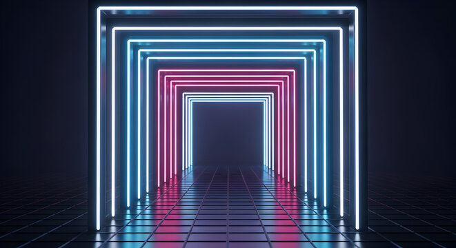 Abstract futuristic blue and pink neon light background, Reflective empty room with neon tube. vector illustration