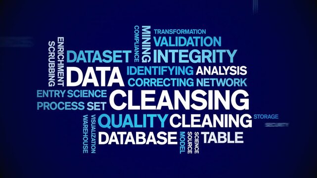 Data Cleansing animated word cloud-text design animation tag kinetic typography seamless loop.