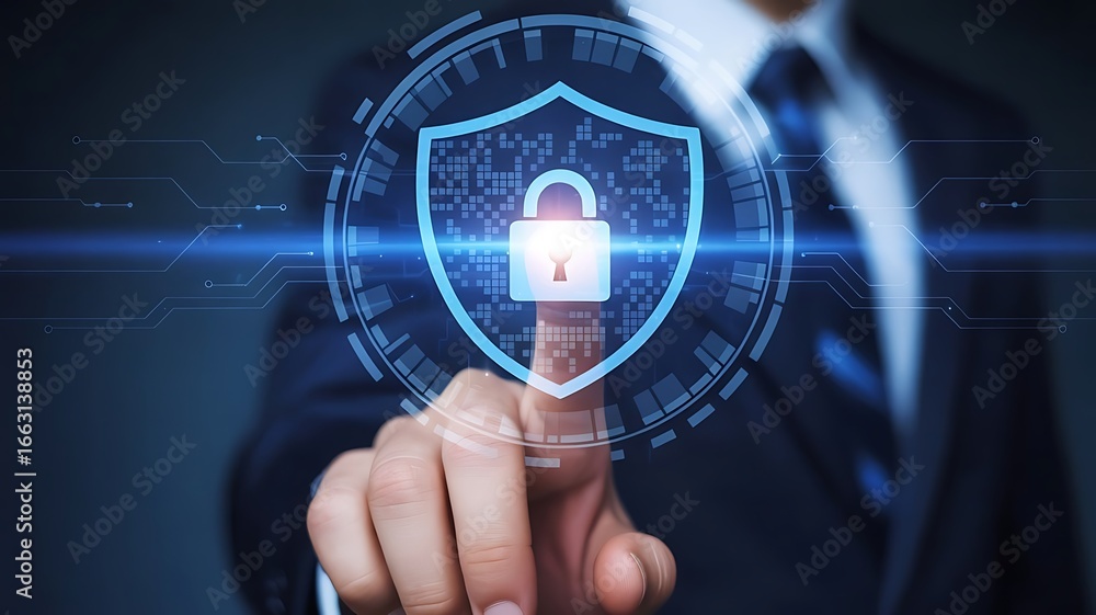 Poster finger pointing at a digital shield with a padlock for cybersecurity