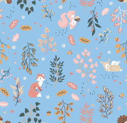 Forest seamless pattern with cute animals - fox, deer, squirrel, rabbit, hedgehog. A pattern of leaves and berries. Vector illustration