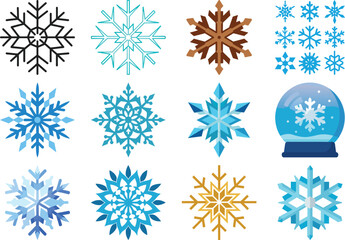 Fototapeta premium Collection of Twelve Unique Snowflake Designs with a Snow Globe on Black