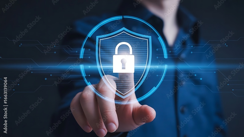 Poster finger pointing at a digital shield with a padlock for cybersecurity