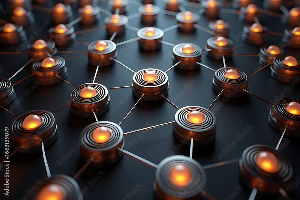 Poster abstract network of illuminated nodes connected by lines representing a digital data flow or technol