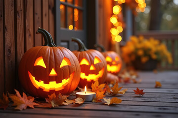 Obraz premium Three carved pumpkins with glowing faces sit on a wooden porch surrounded by autumn leaves, a lit candle, and string lights.