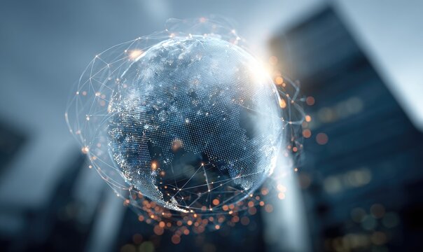 Global network connections visualized on a translucent Earth globe, set against a blurred cityscape backdrop