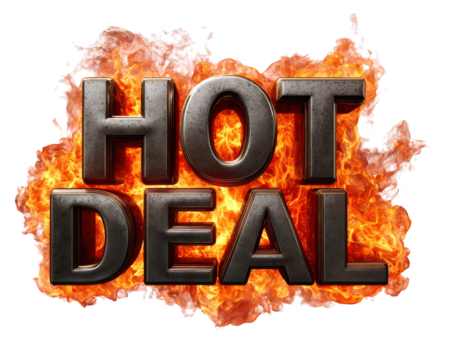 Hot deal bold text with metallic style and fiery flame background, energetic and attention grabbing promotional graphic for sales, discounts, or special offers