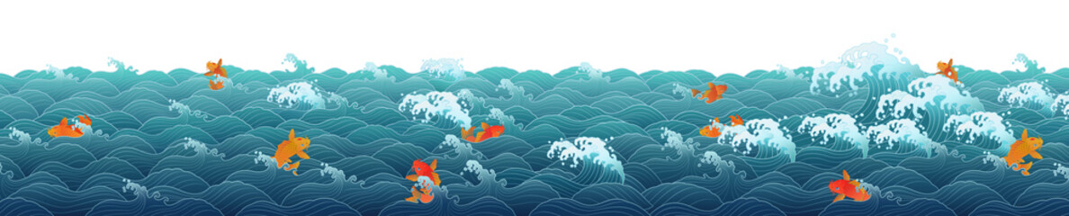Korean traditional design, sea wave pattern, transparent background for compositing, oriental traditional image, Chinese, Japanese pattern 한국 전통 문양