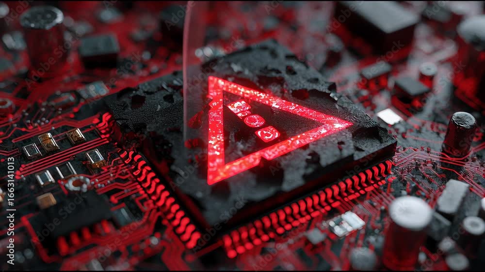 Poster digital circuitry with glowing red warning symbol showcasing advanced tech details