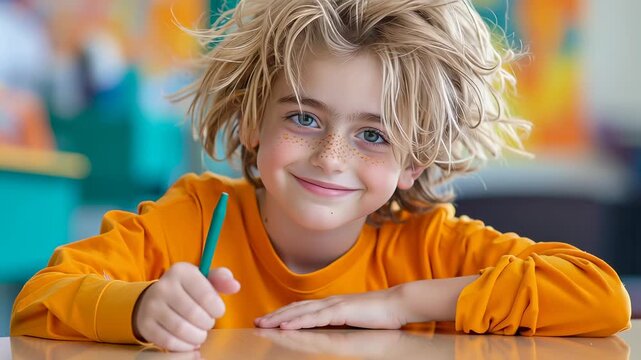 Preteen boy with messy blonde hair and freckles wearing orange shirt holds pencil in classroom. Colorful background with blurred details. Cheerful expression while resting head on hand.