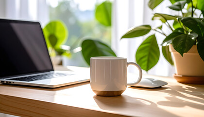 Minimal Home Office Workspace with Laptop, Coffee Mug and Green Plants