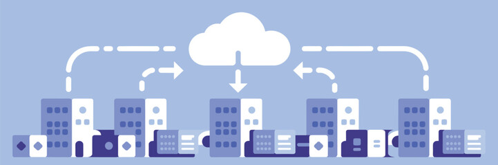 Fototapeta premium Cloud computing diagram illustrating server connections with arrows on a light blue background flat design