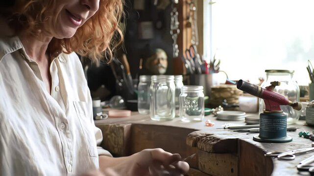 Close Up Hands of a Blonde Female Jeweler Crafting a Piece of Handmade Jewelry in Hers Small Workshop