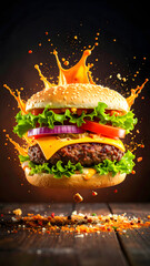 Juicy Cheeseburger with Fresh Vegetables and Melting Cheese. Smoke and fire background