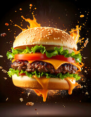 Juicy Cheeseburger with Fresh Vegetables and Melting Cheese. Smoke and fire background