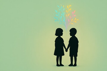 Silhouettes of two children holding hands with a colorful abstract plant growing from their heads, symbolizing innocence, connection, imagination, and shared growth in minimal vector style.