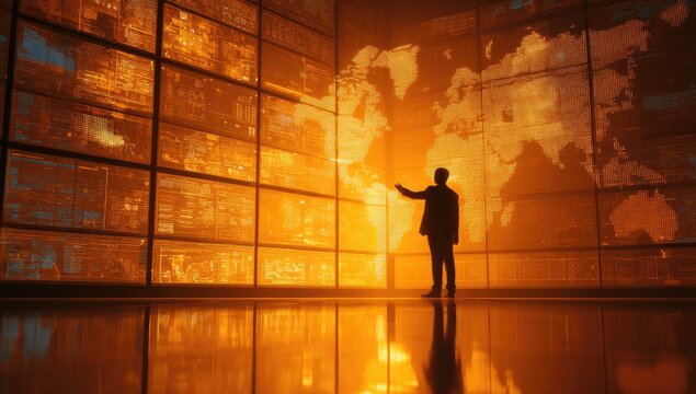 Silhouetted figure interacts with a massive, glowing world map displayed on a wall of monitors - Powered by Adobe